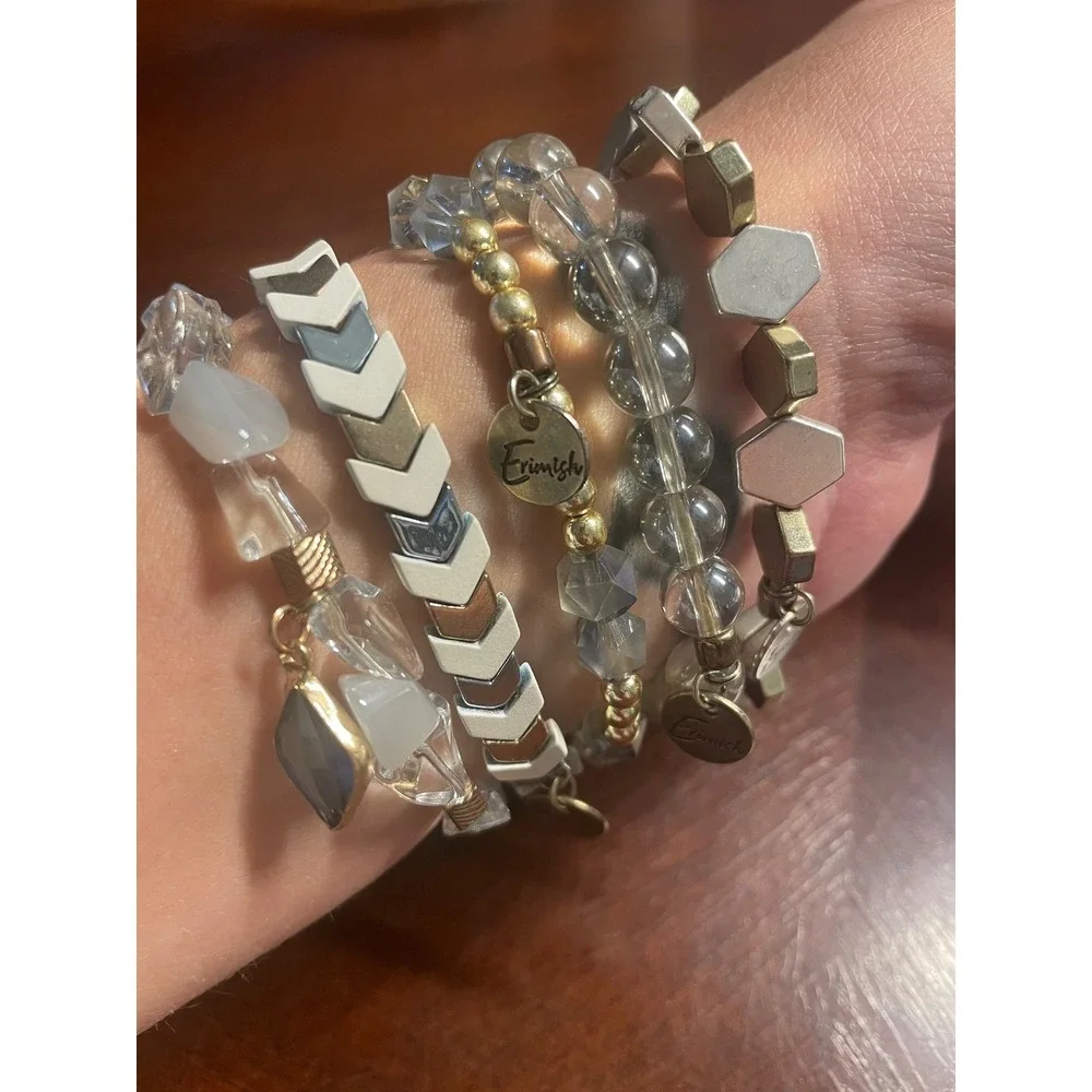 Erimish Beaded Bracelet Stack Set Gold Silver Grey Blue Geometric 5 Piece Pouch